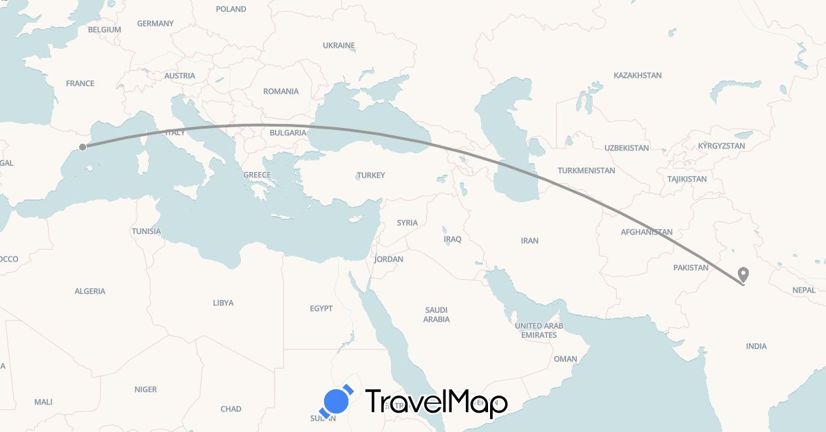 TravelMap itinerary: plane in Spain, India (Asia, Europe)